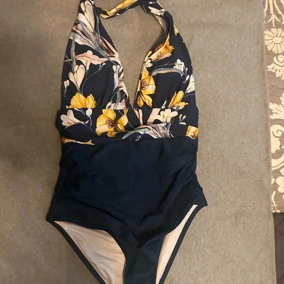 NWT CUPSHE One Piece Swimsuit Halter Backless yellow blue floral size S - Picture 1 of 4